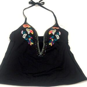 Swim top black embroidered size small faltered NWT Black